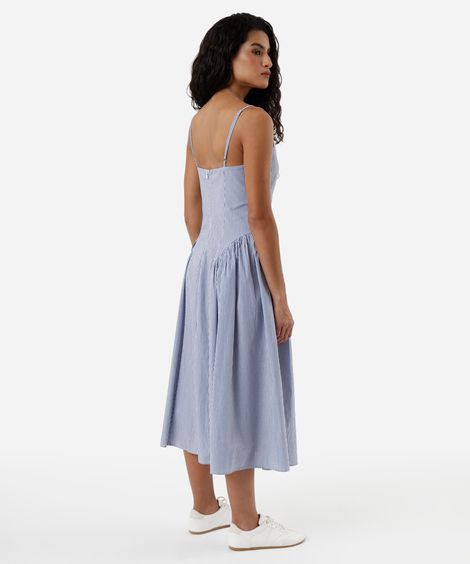 vestido midi decote v com recorte listrado off white