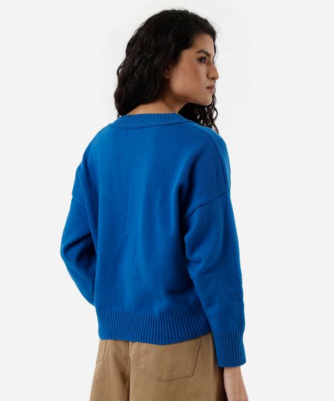 suéter feminino de tricot decote v azul