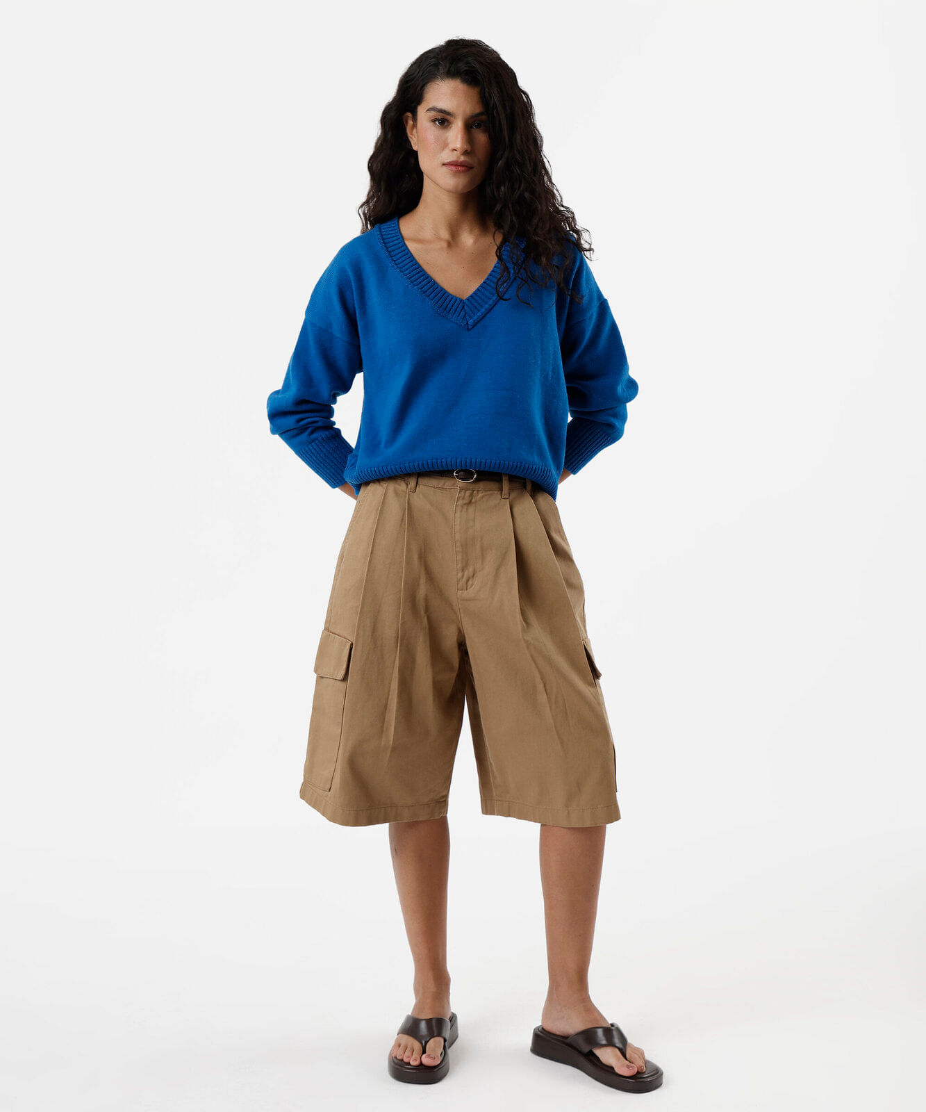 suéter feminino de tricot decote v azul