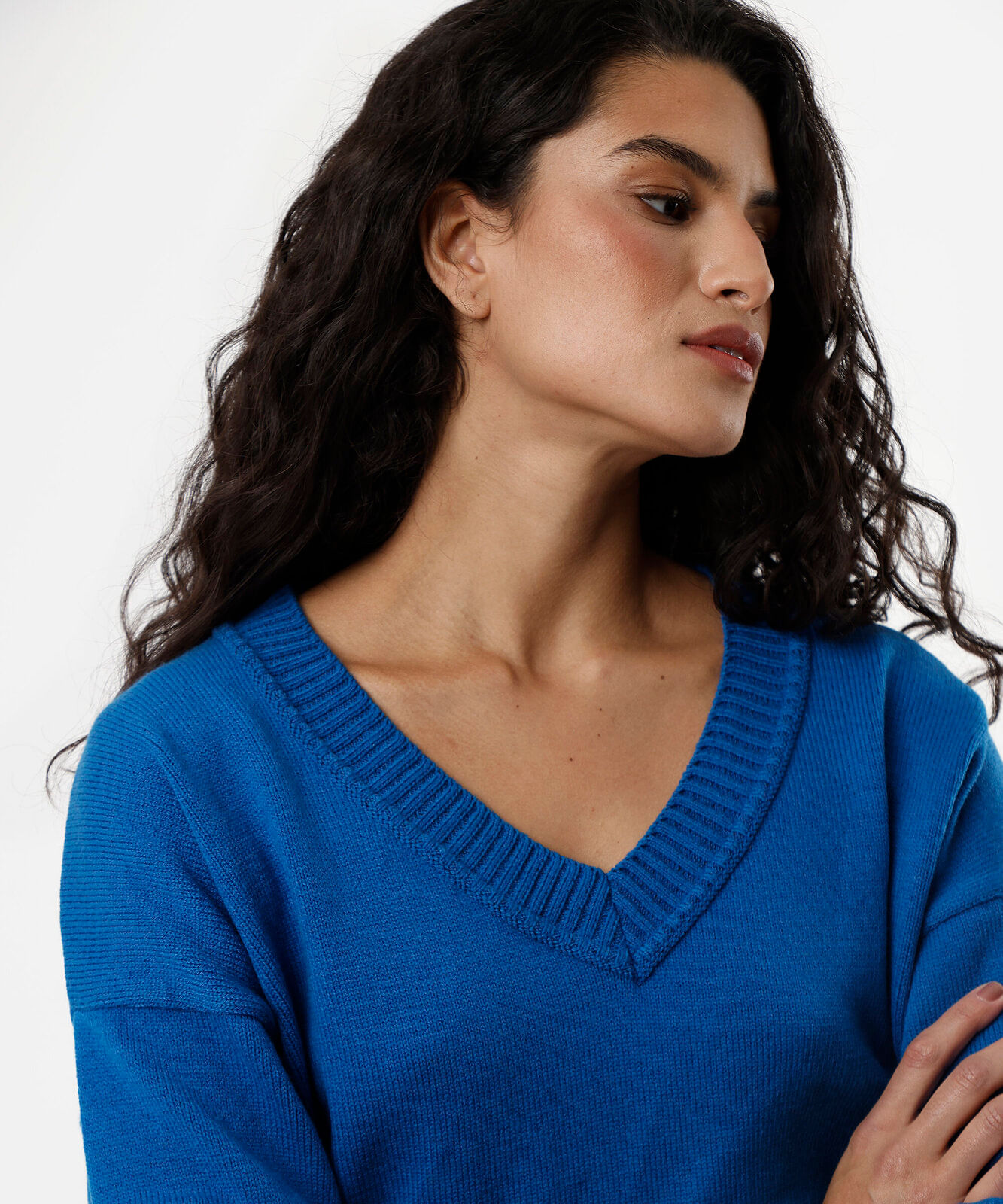 suéter feminino de tricot decote v azul