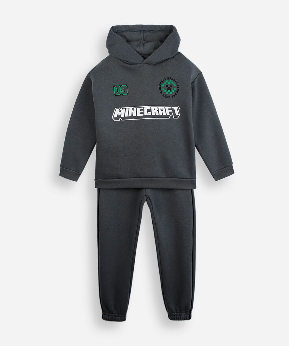 conjunto infantil de moletom com capuz minecraft cinza