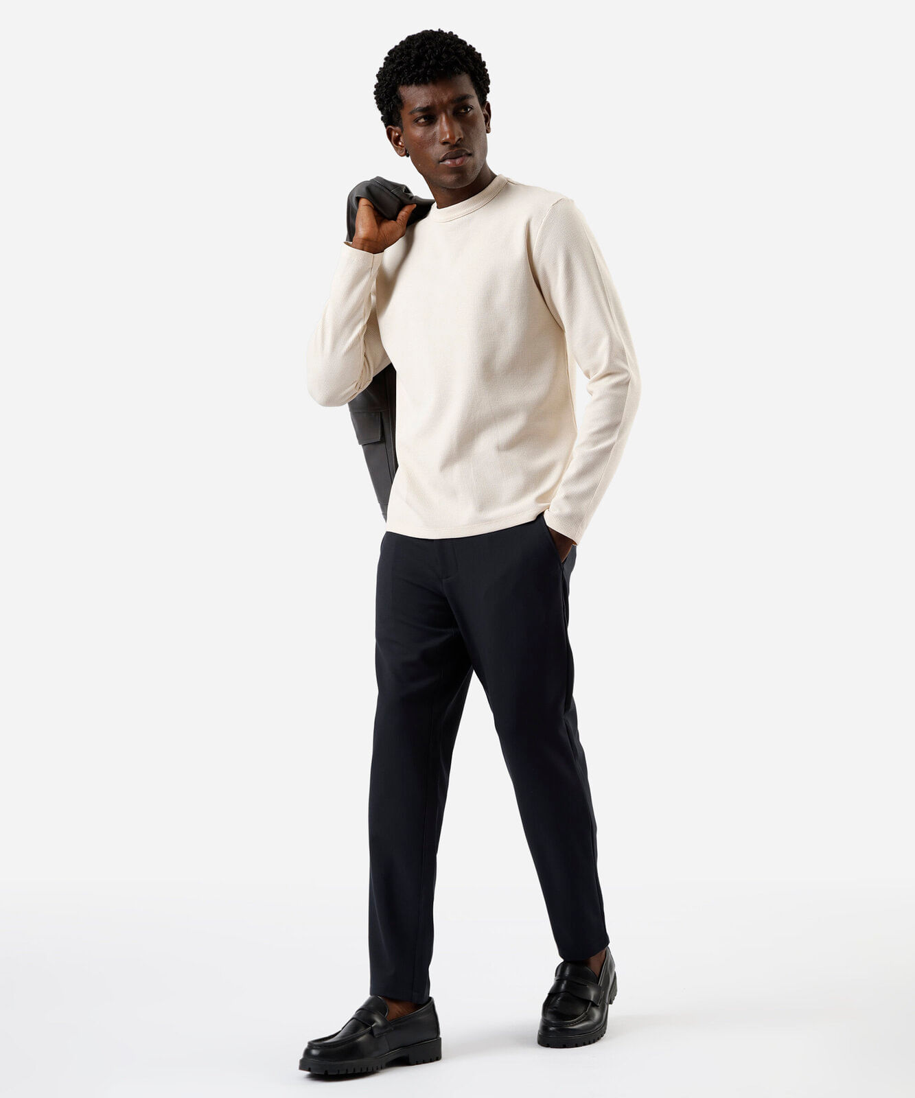 camiseta masculina  com algodão manga longa texturizada bege