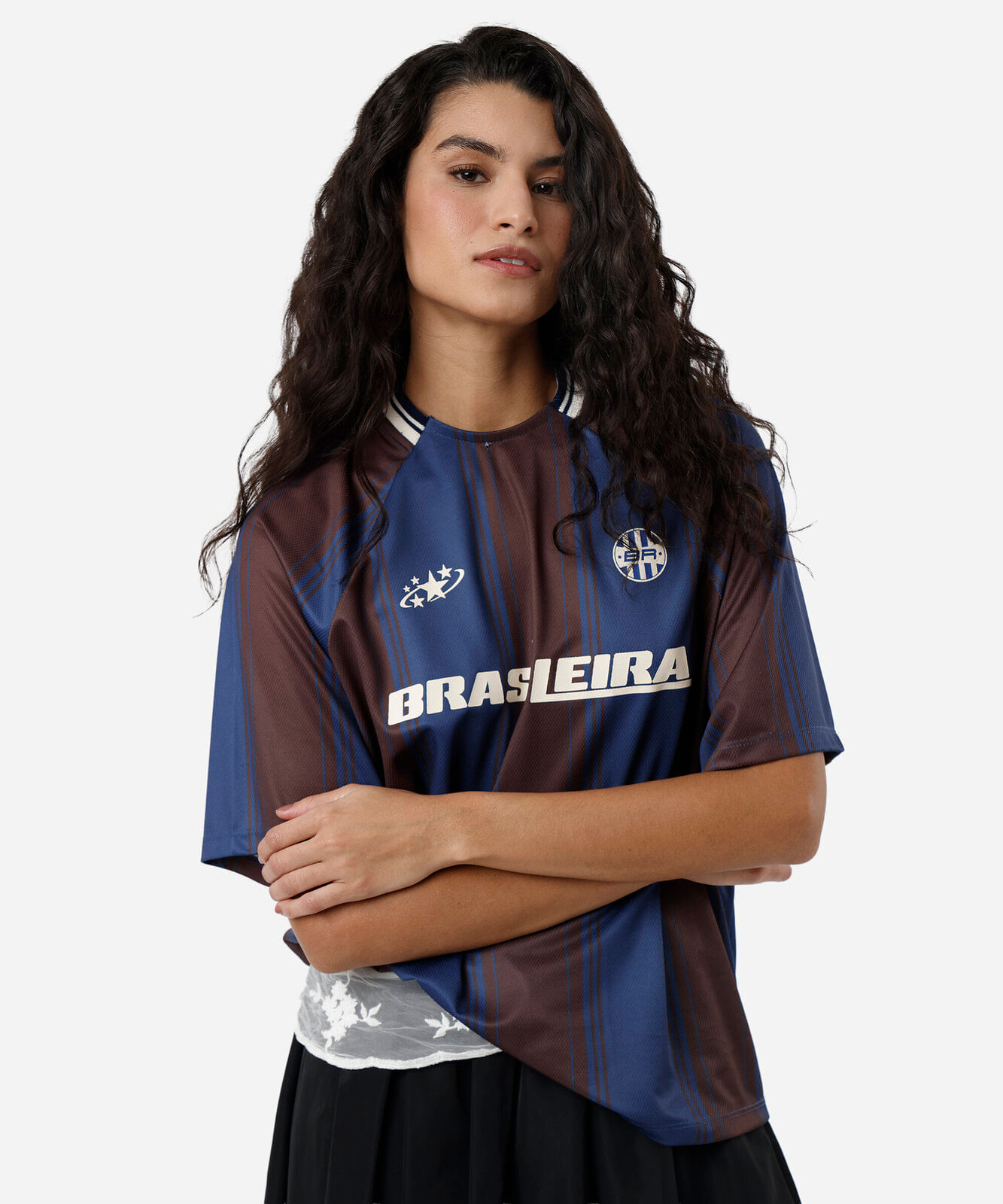 camiseta feminina manga curta listrada brasileira marrom