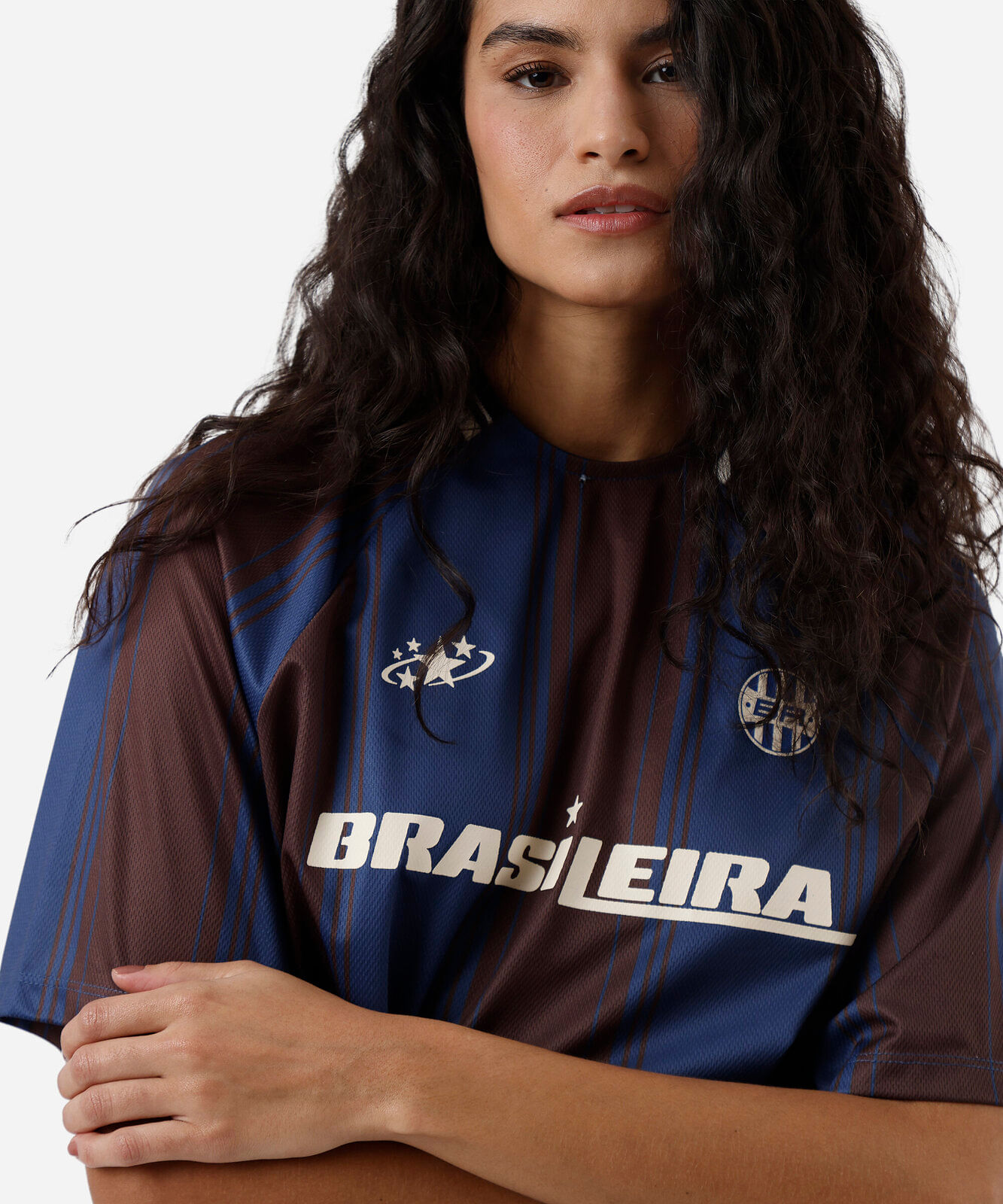 camiseta feminina manga curta listrada brasileira marrom