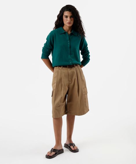 bermuda jorts cargo feminina de sarja cintura média bege