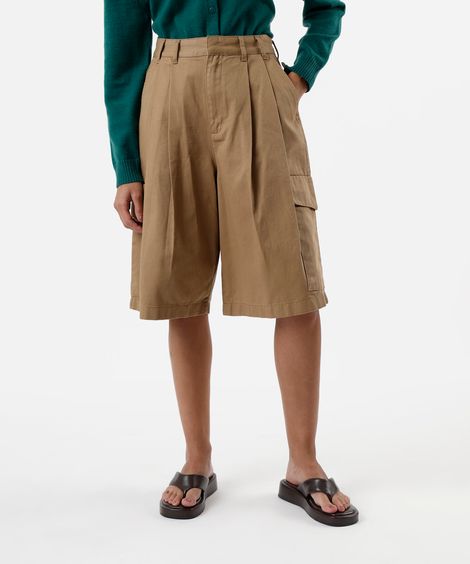 bermuda jorts cargo feminina de sarja cintura média bege