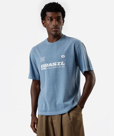 camiseta masculina de algodão manga curta estampada estonada azul