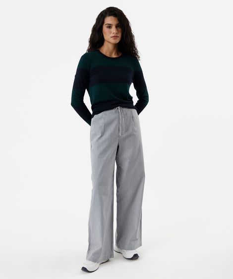 calça wide leg feminina de sarja com cordão listrada azul