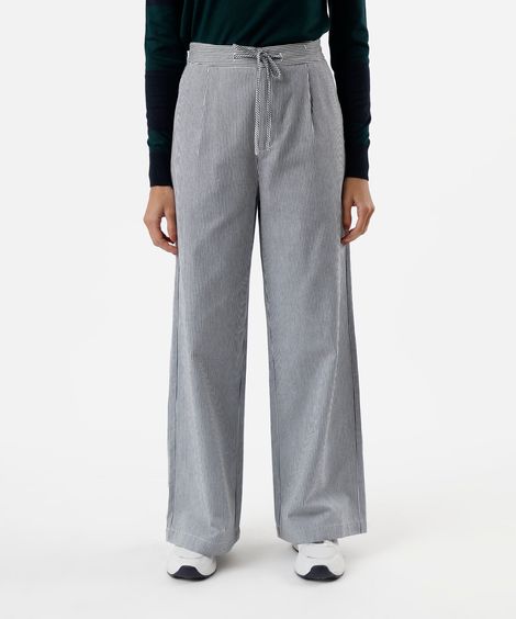 calça wide leg feminina de sarja com cordão listrada azul