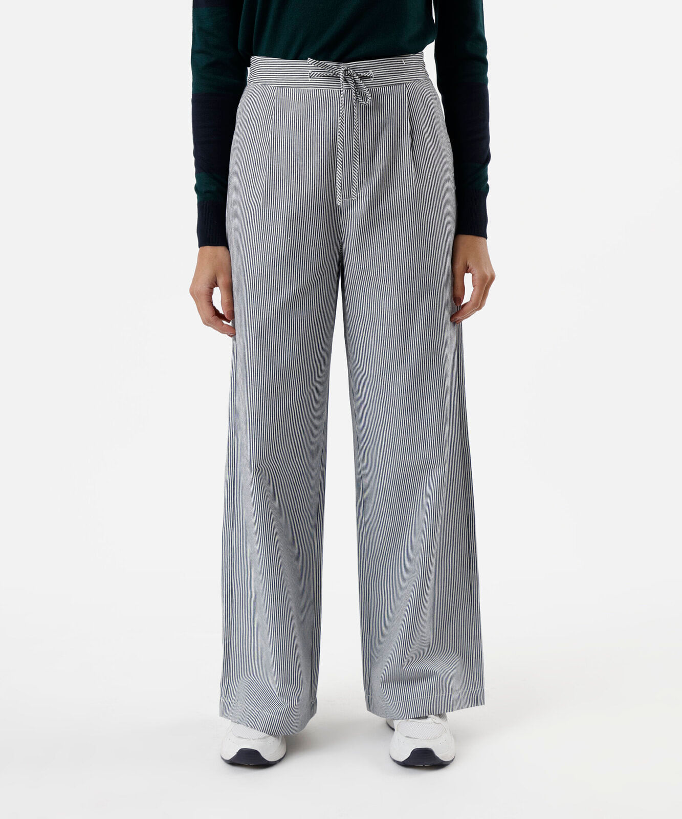 calça wide leg feminina de sarja com cordão listrada azul