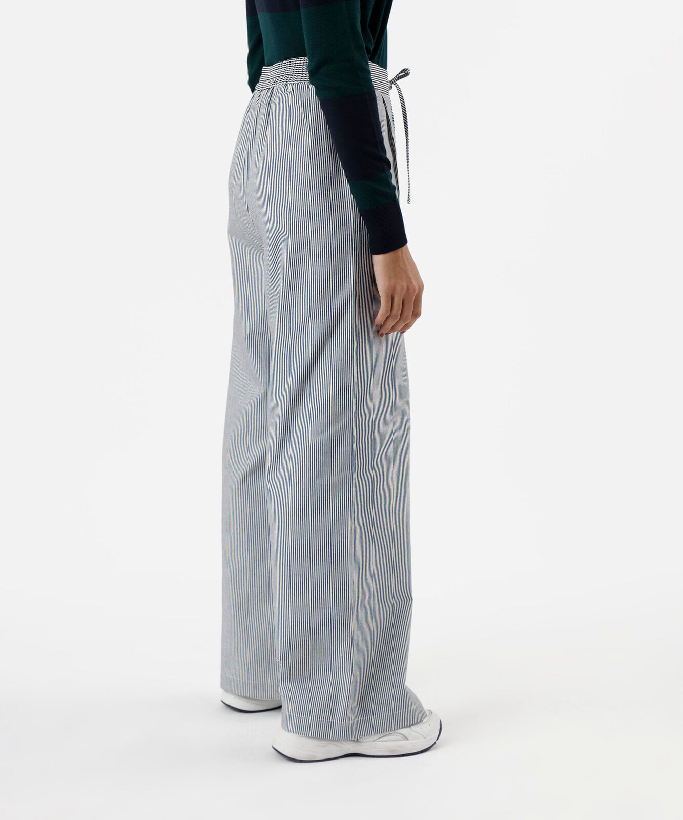 calça wide leg feminina de sarja com cordão listrada azul