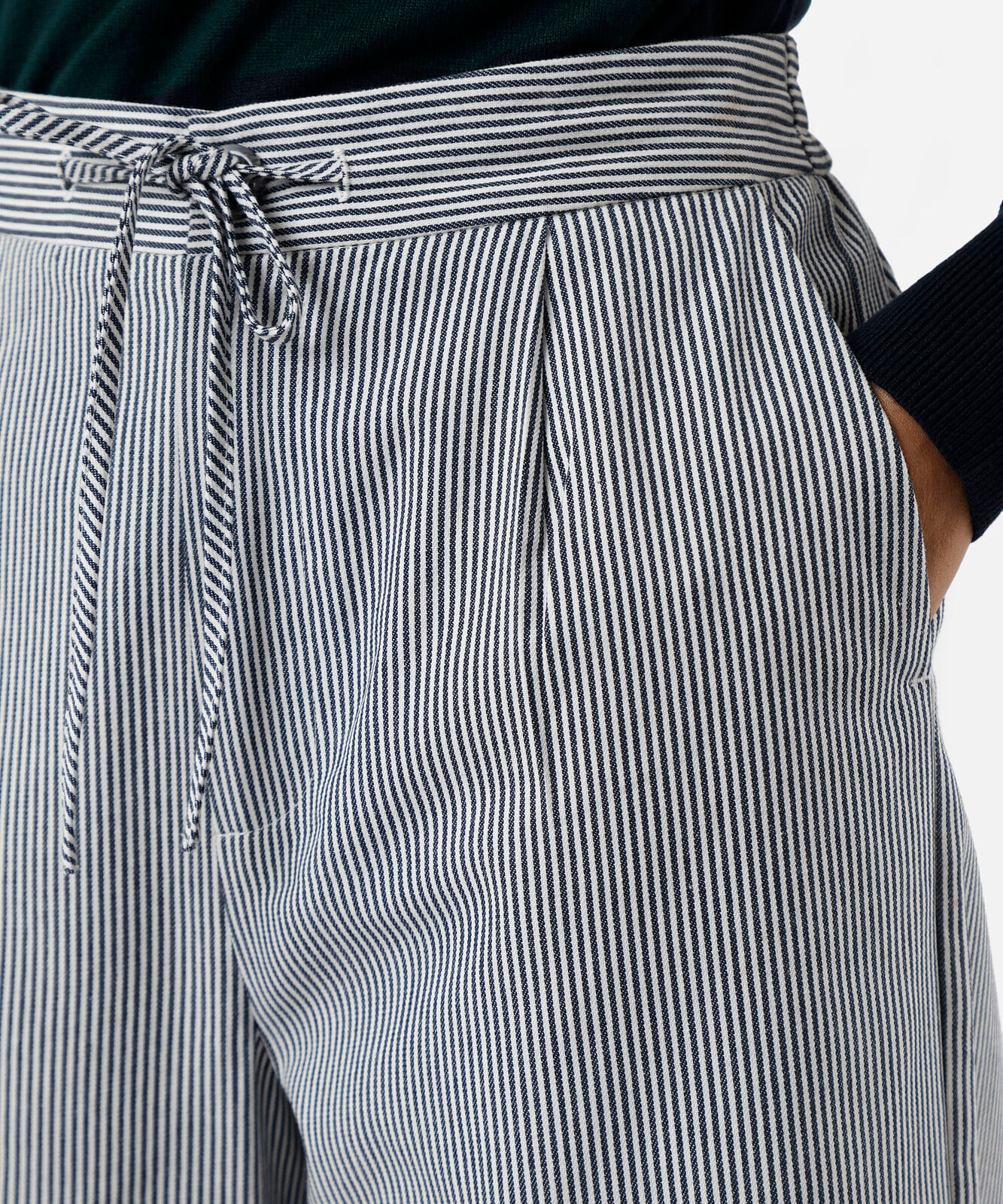 calça wide leg feminina de sarja com cordão listrada azul