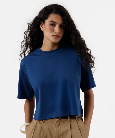 camiseta comfort feminina de algodão peruano interlock azul