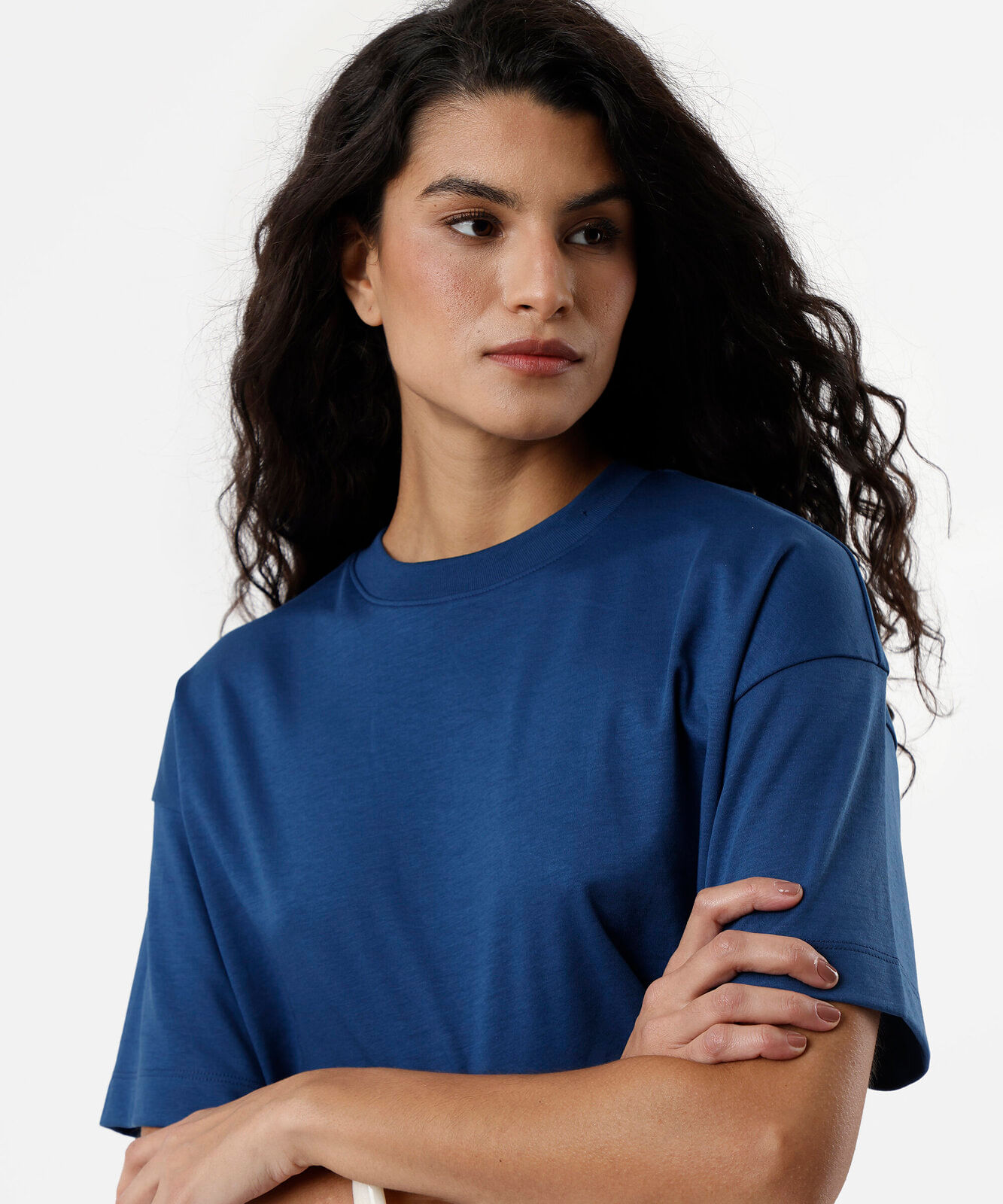 camiseta comfort feminina de algodão peruano interlock azul