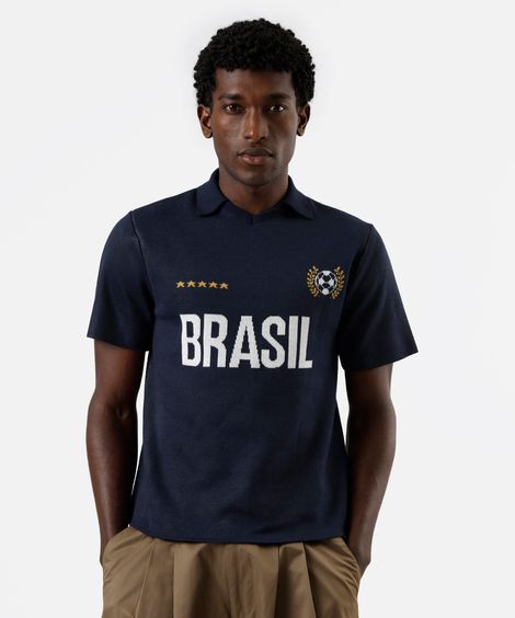 camiseta masculina de tricot com gola brasil azul