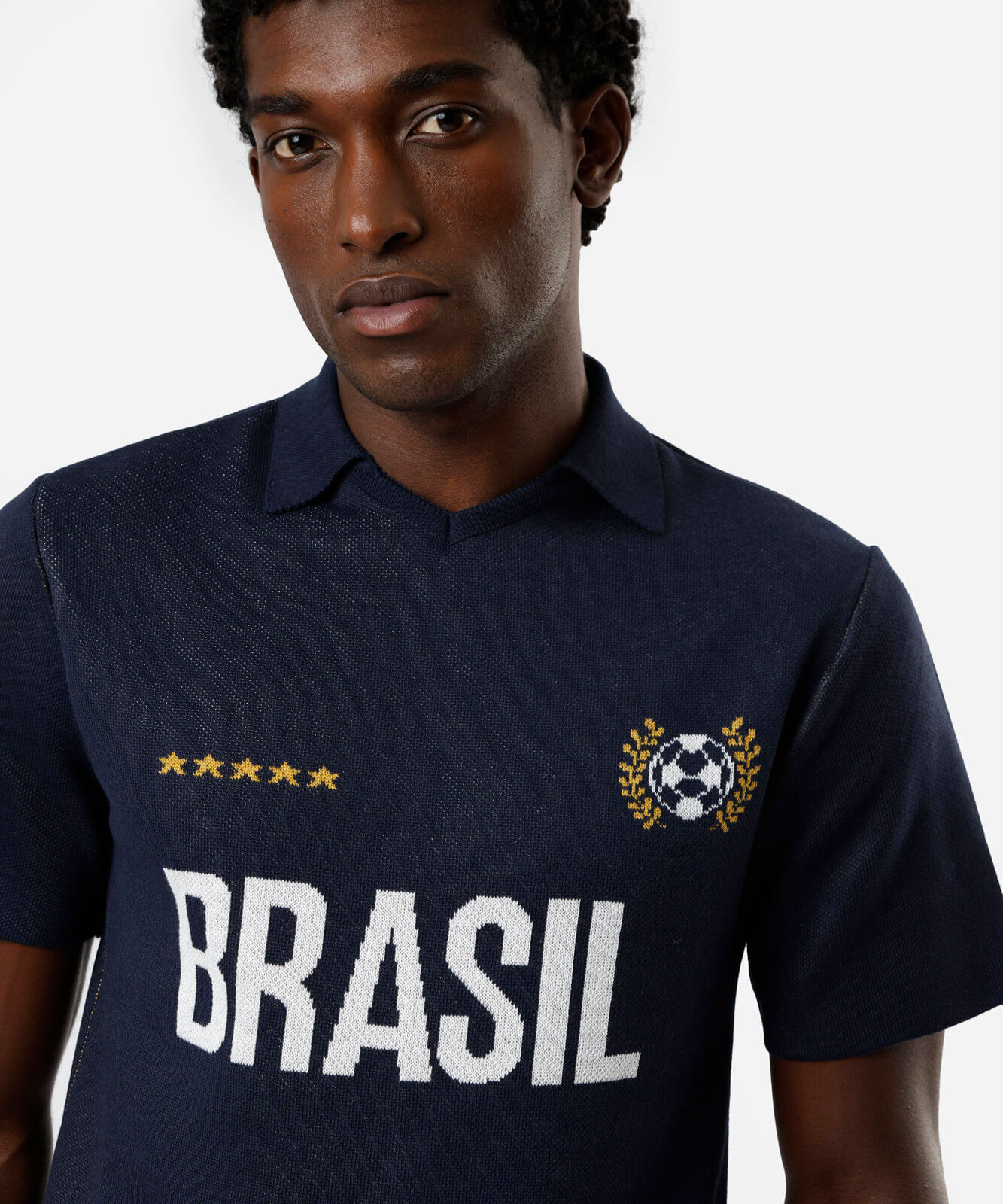 camiseta masculina de tricot com gola brasil azul
