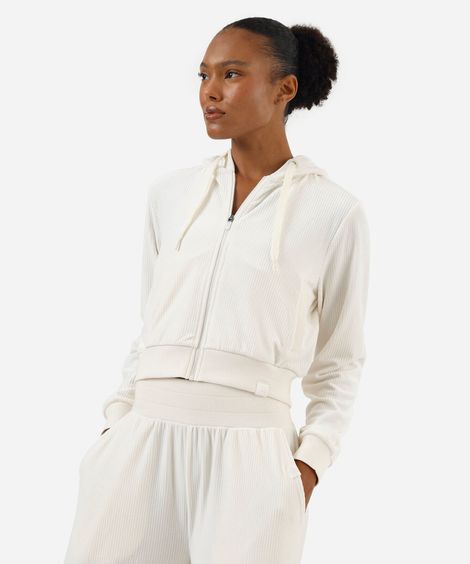 jaqueta bomber cropped plush esportiva com capuz off white