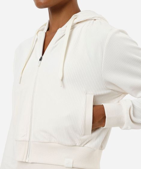 jaqueta bomber cropped plush esportiva com capuz off white