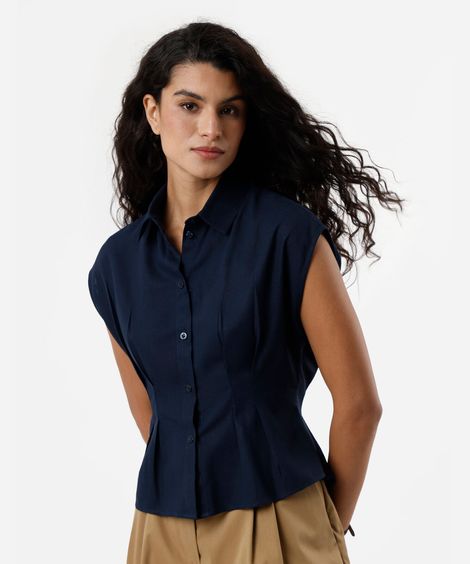 camisa feminina com linho e pences manga curta azul