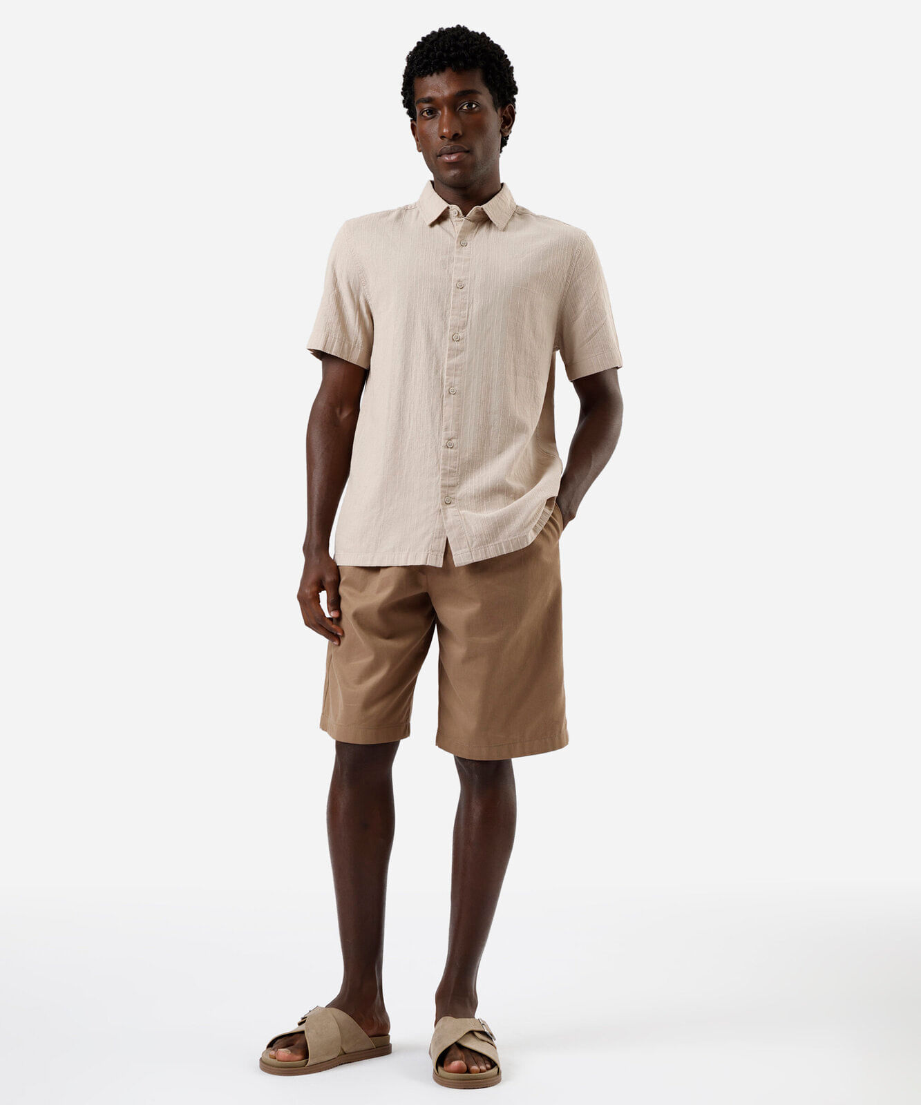 camisa masculina de algodão listrada bege