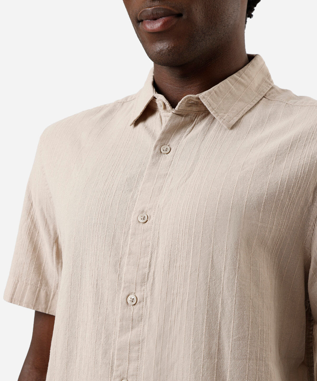 camisa masculina de algodão listrada bege