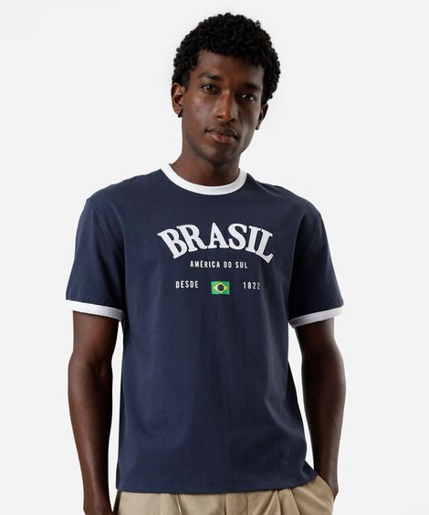 camiseta masculina de algodão brasil bicolor azul