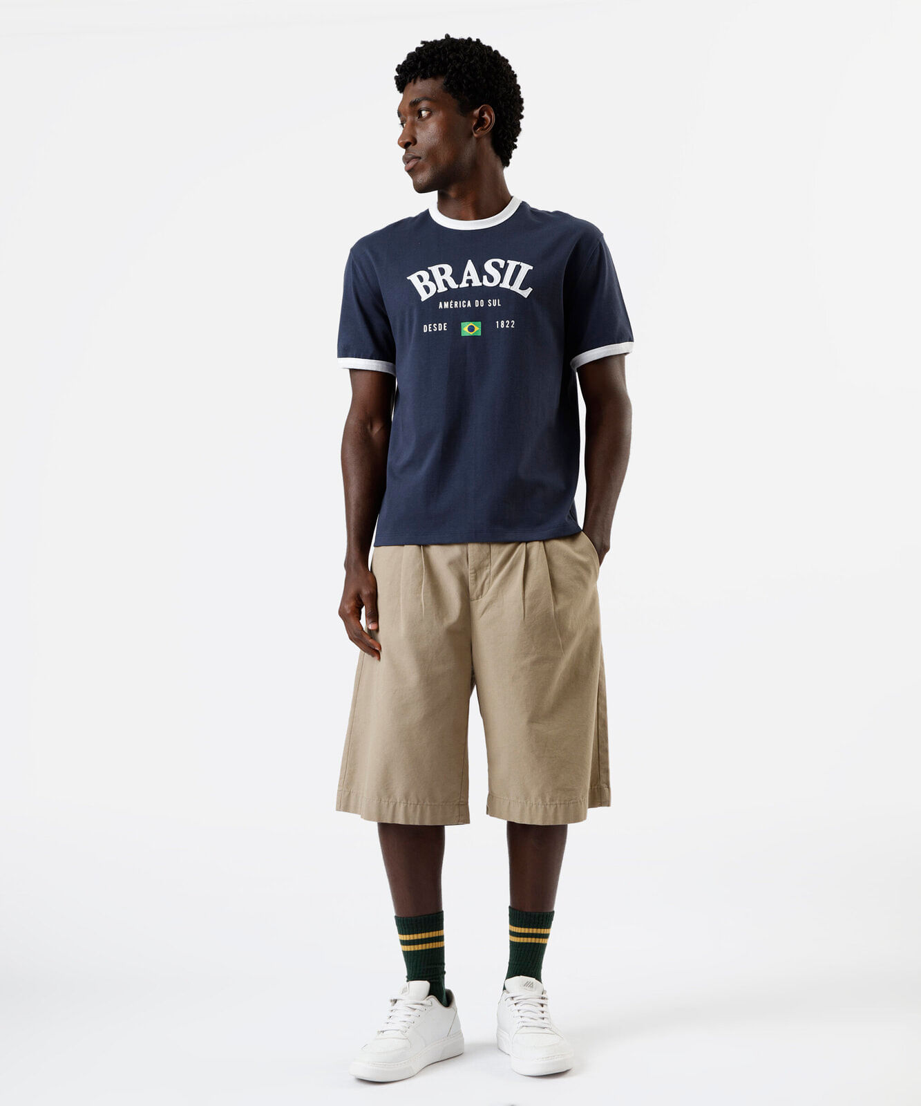 camiseta masculina de algodão brasil bicolor azul