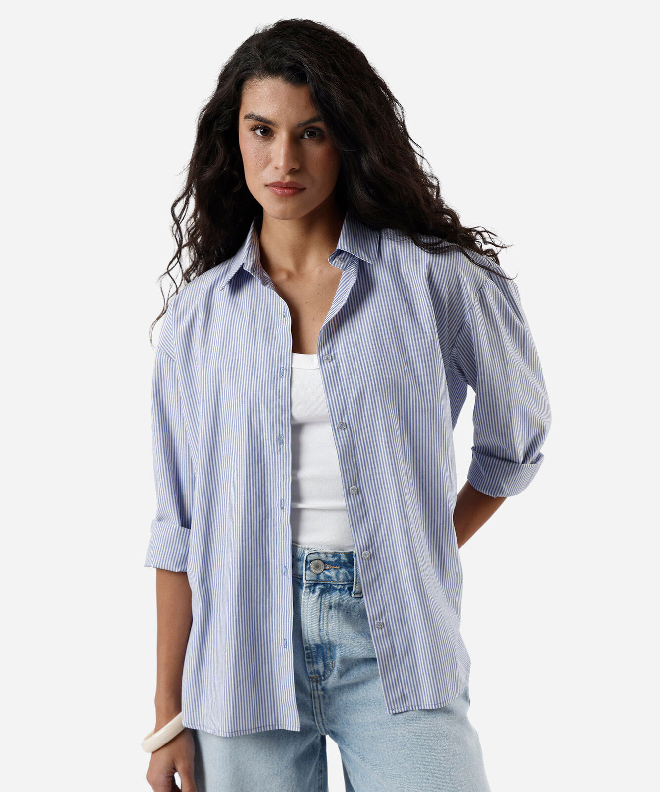 camisa de algodão listrada manga longa azul