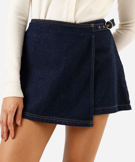short saia feminino jeans com fivela cintura alta azul