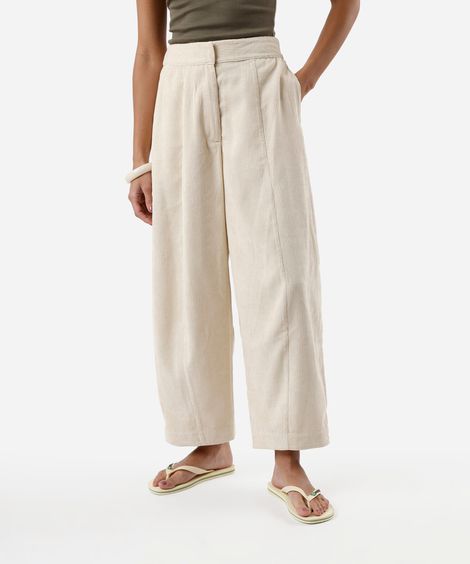 calça balloon feminina de veludo cotelê cós elástico off white