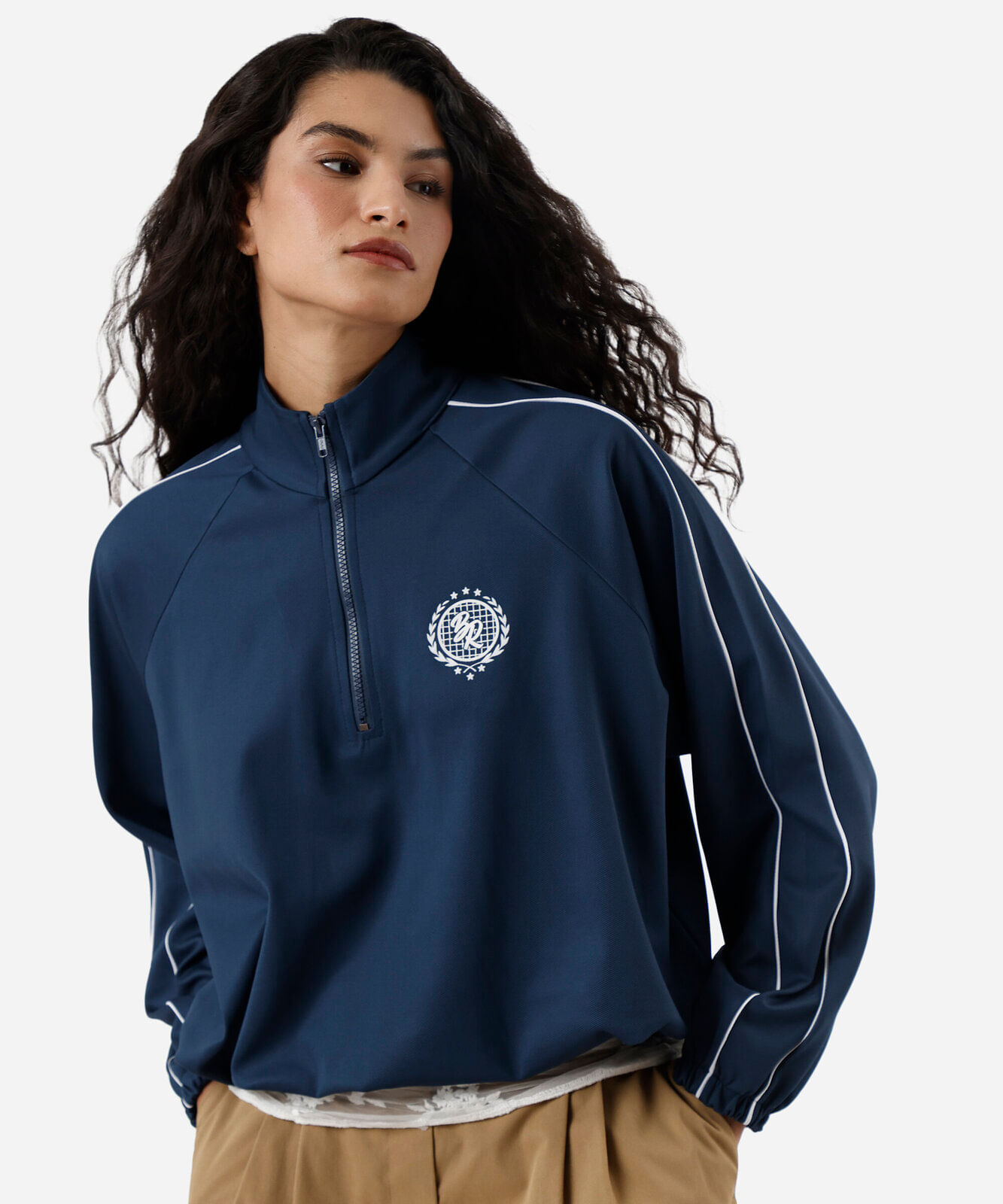 blusão esportivo feminino gola alta com nervuras azul