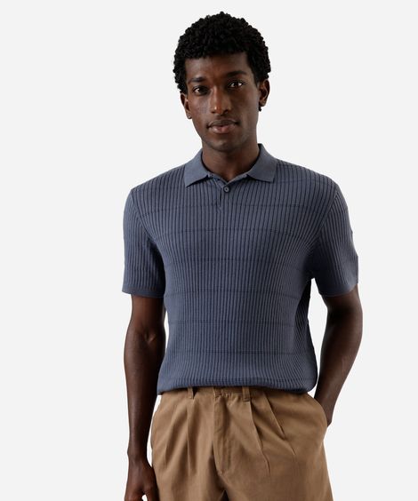 polo masculina de tricot manga curta canelada azul