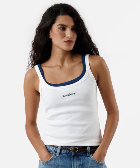 regata feminina de algodão com bordado canelada off white