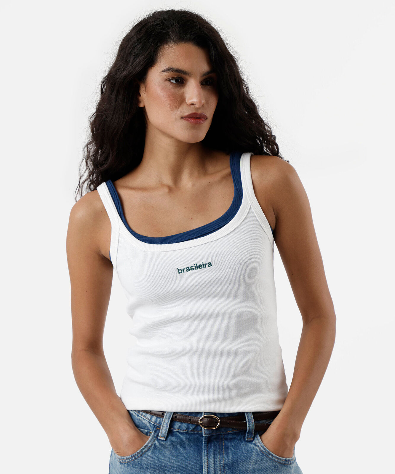 regata feminina de algodão com bordado canelada off white