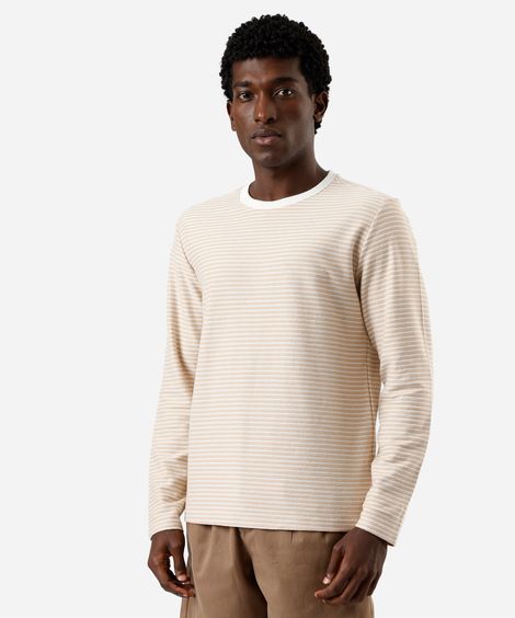 camiseta masculina de tricot manga longa listrada bege
