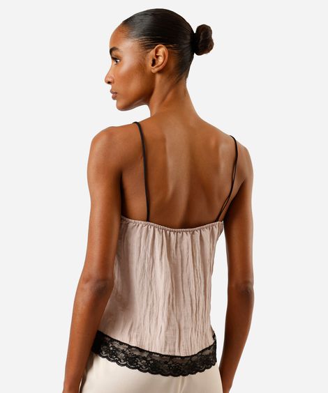 blusa alça fina feminina texturizada com renda bege