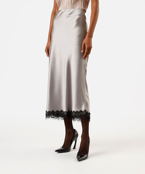 saia midi feminina com renda acetinada prateada