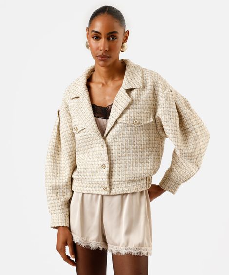 jaqueta feminina de tweed com pregas bege