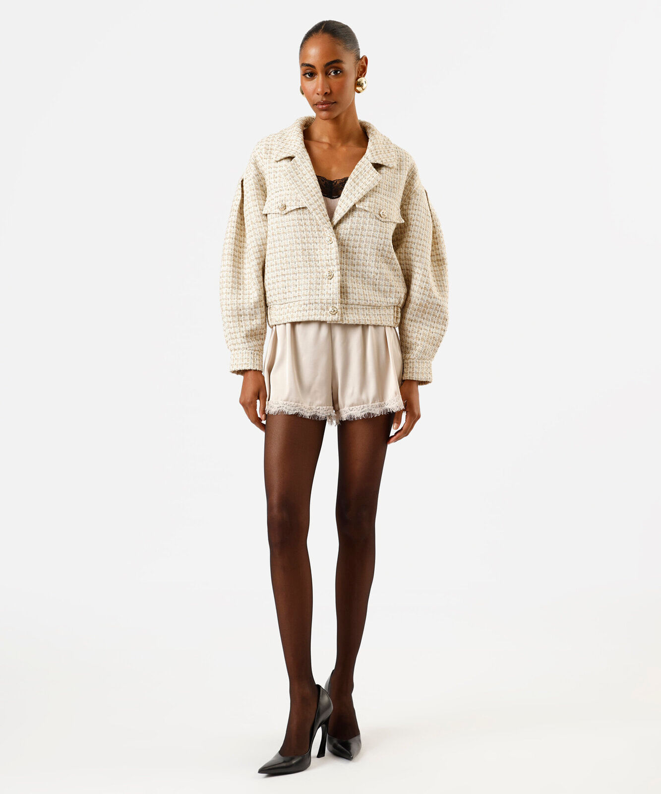 jaqueta feminina de tweed com pregas bege