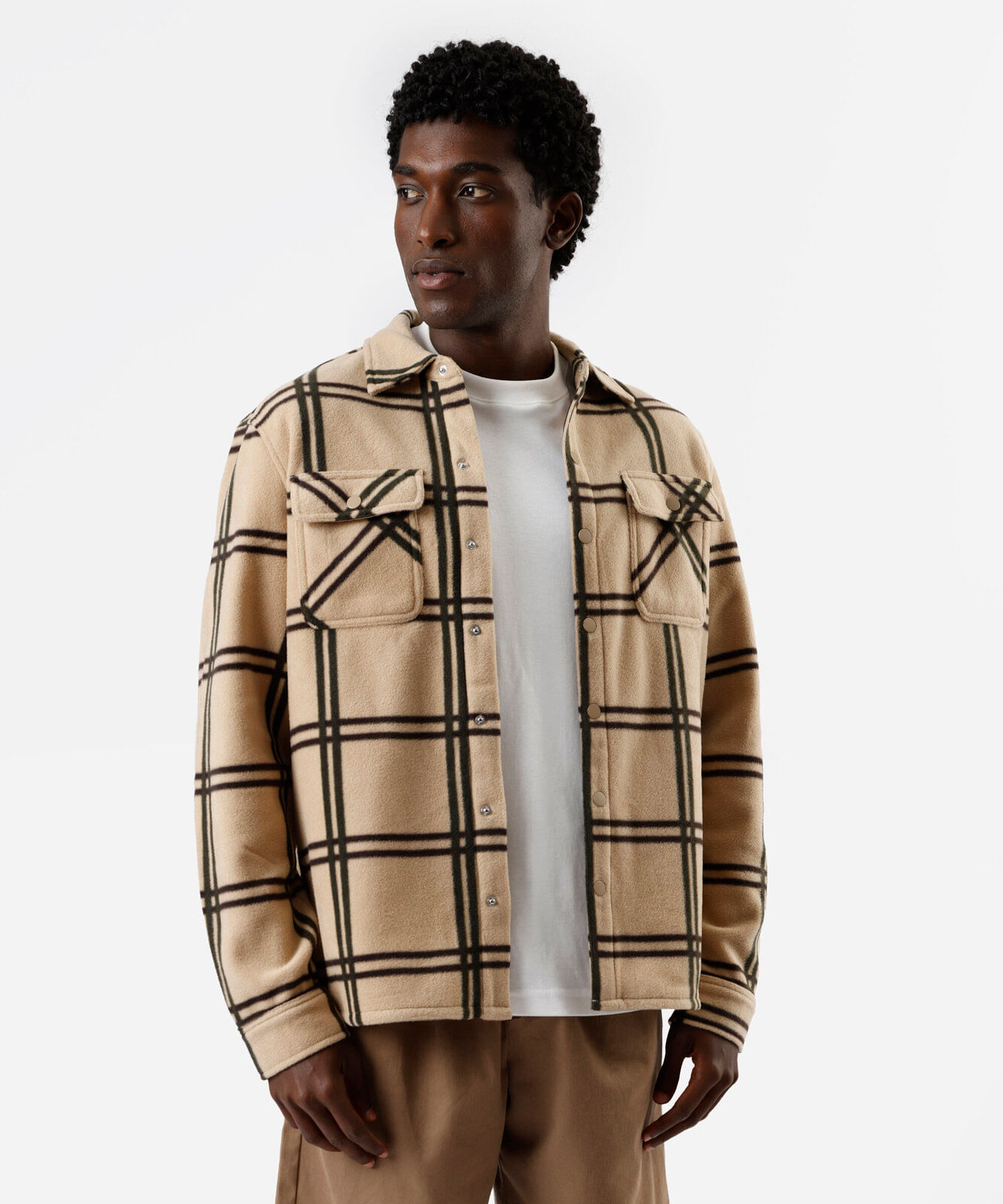 camisa overshirt masculina de fleece manga longa xadrez bege