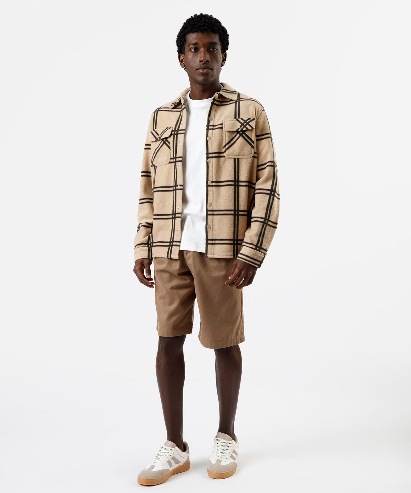 camisa overshirt masculina de fleece manga longa xadrez bege