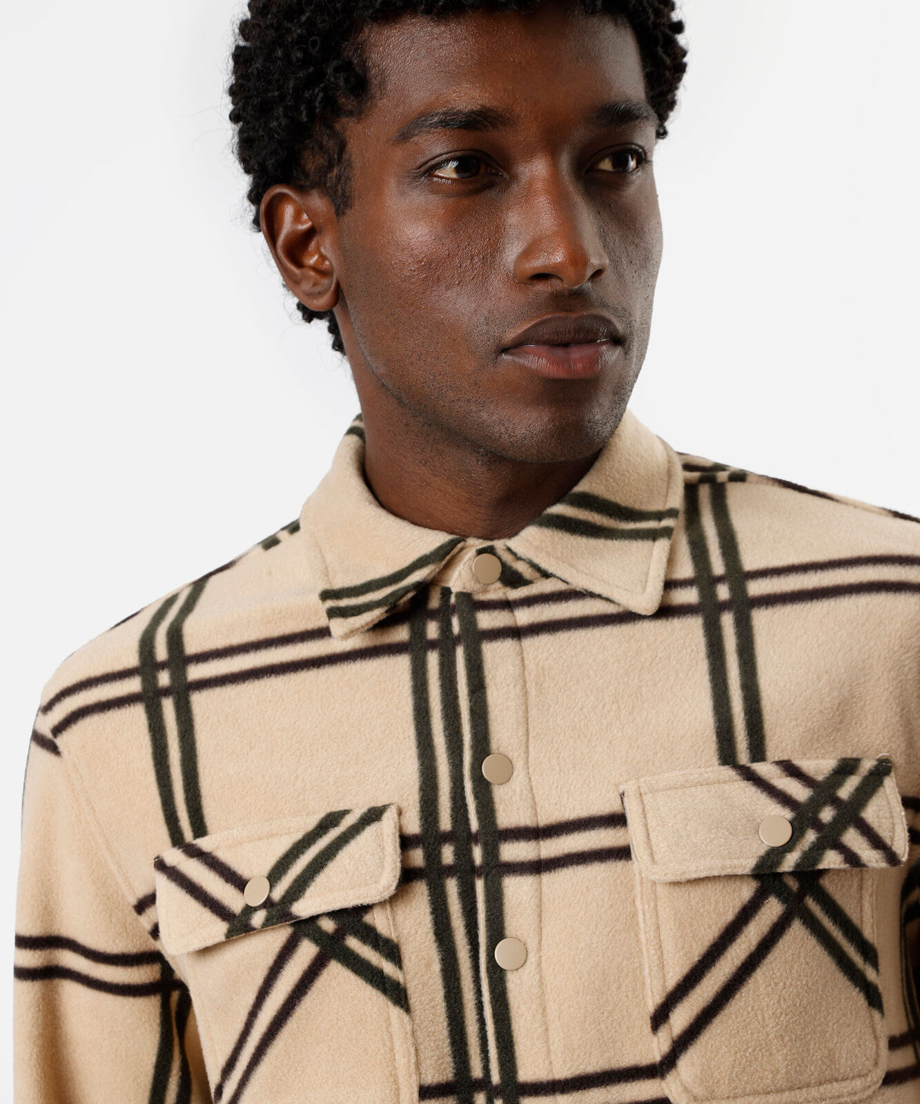camisa overshirt masculina de fleece manga longa xadrez bege