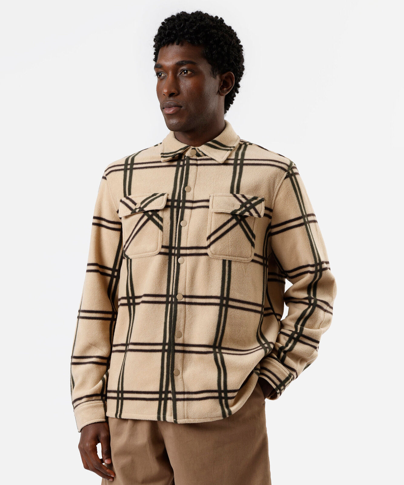 camisa overshirt masculina de fleece manga longa xadrez bege
