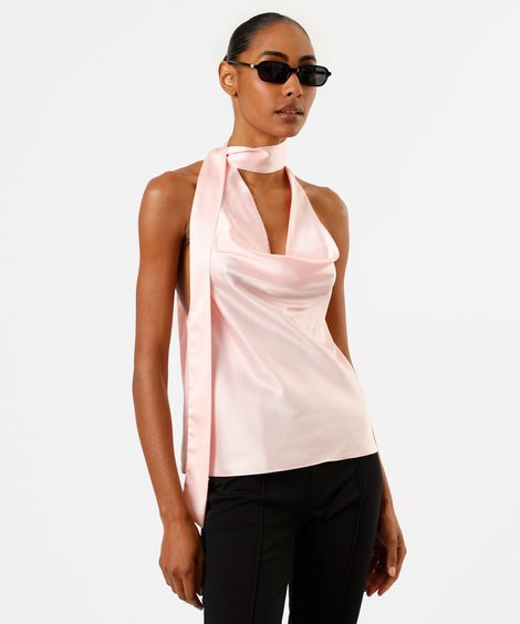 blusa frente única feminina decote degagê acetinada rosa