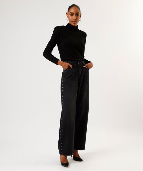 calça wide leg feminina jeans com tachas cintura baixa preta