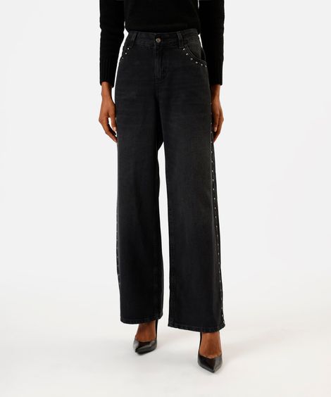 calça wide leg feminina jeans com tachas cintura baixa preta