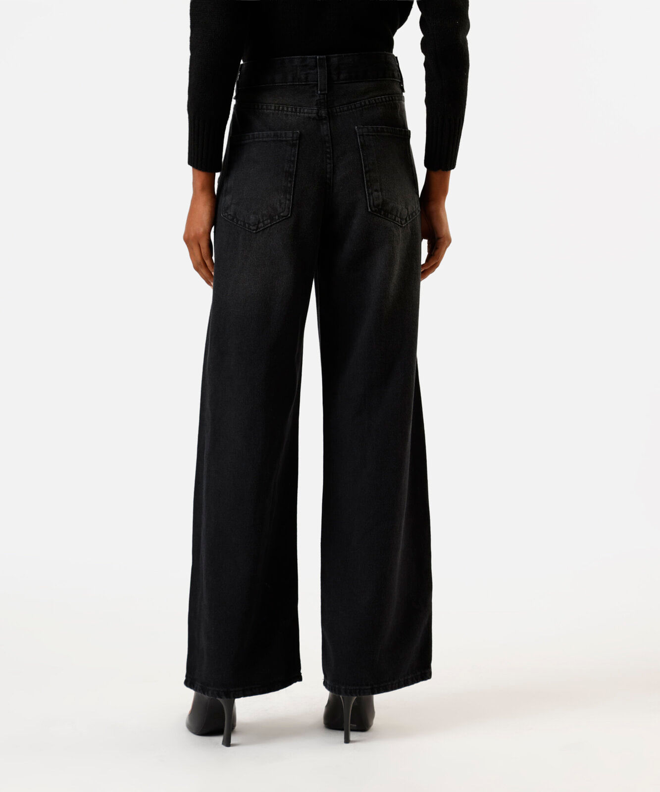 calça wide leg feminina jeans com tachas cintura baixa preta