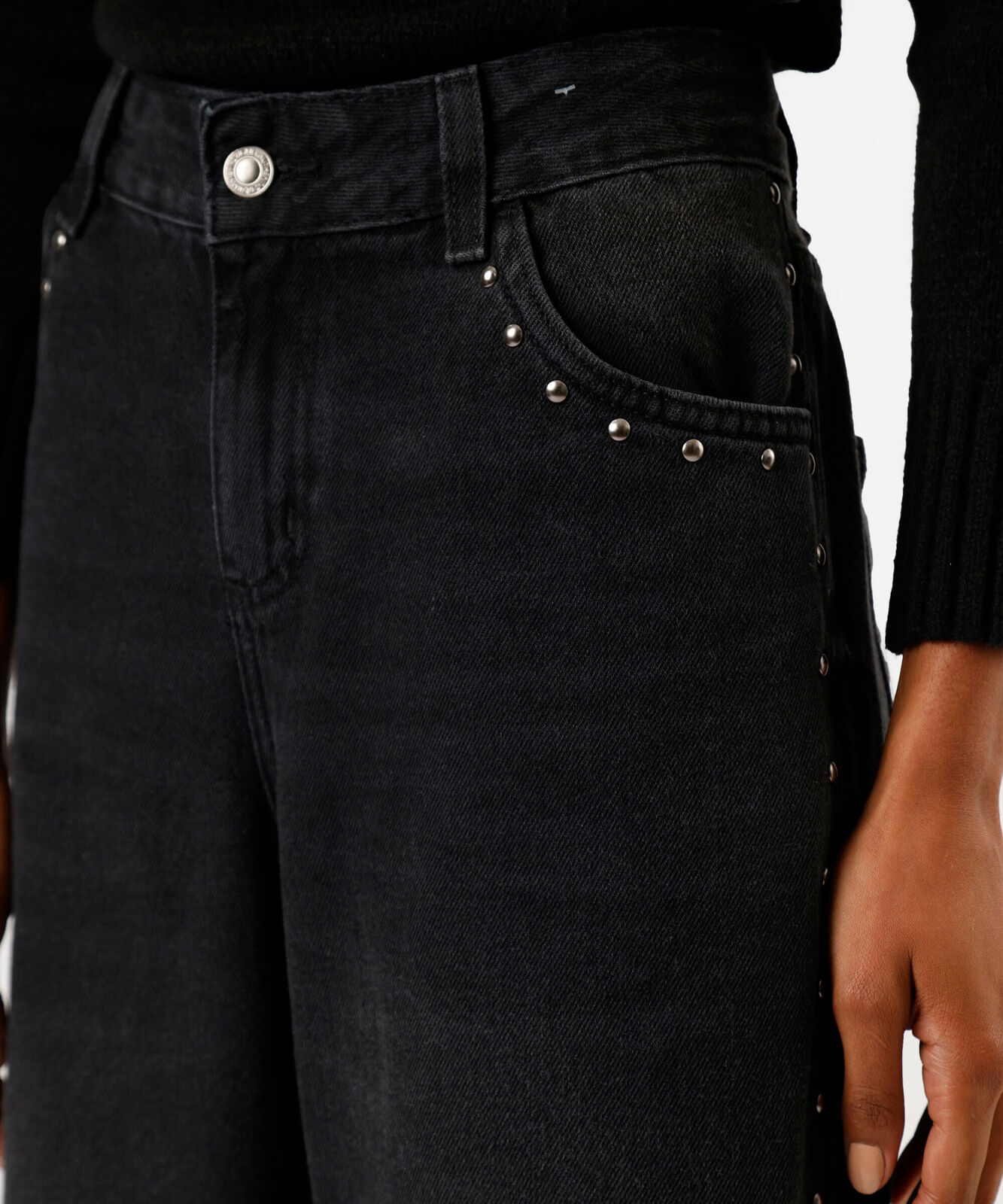 calça wide leg feminina jeans com tachas cintura baixa preta