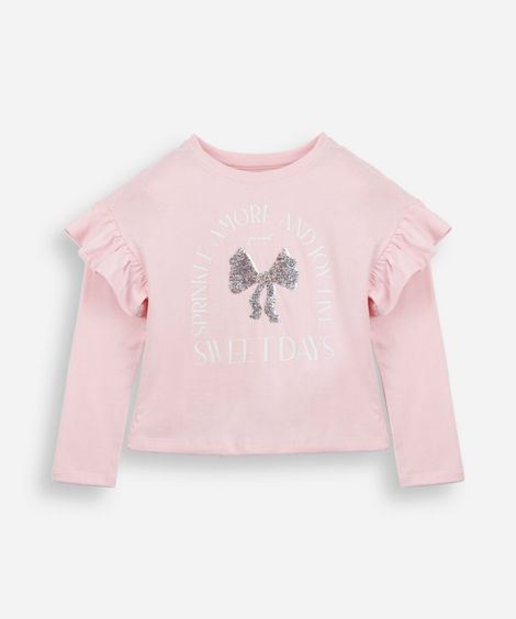 blusa infantil de algodão manga longa com babado estampada rosa