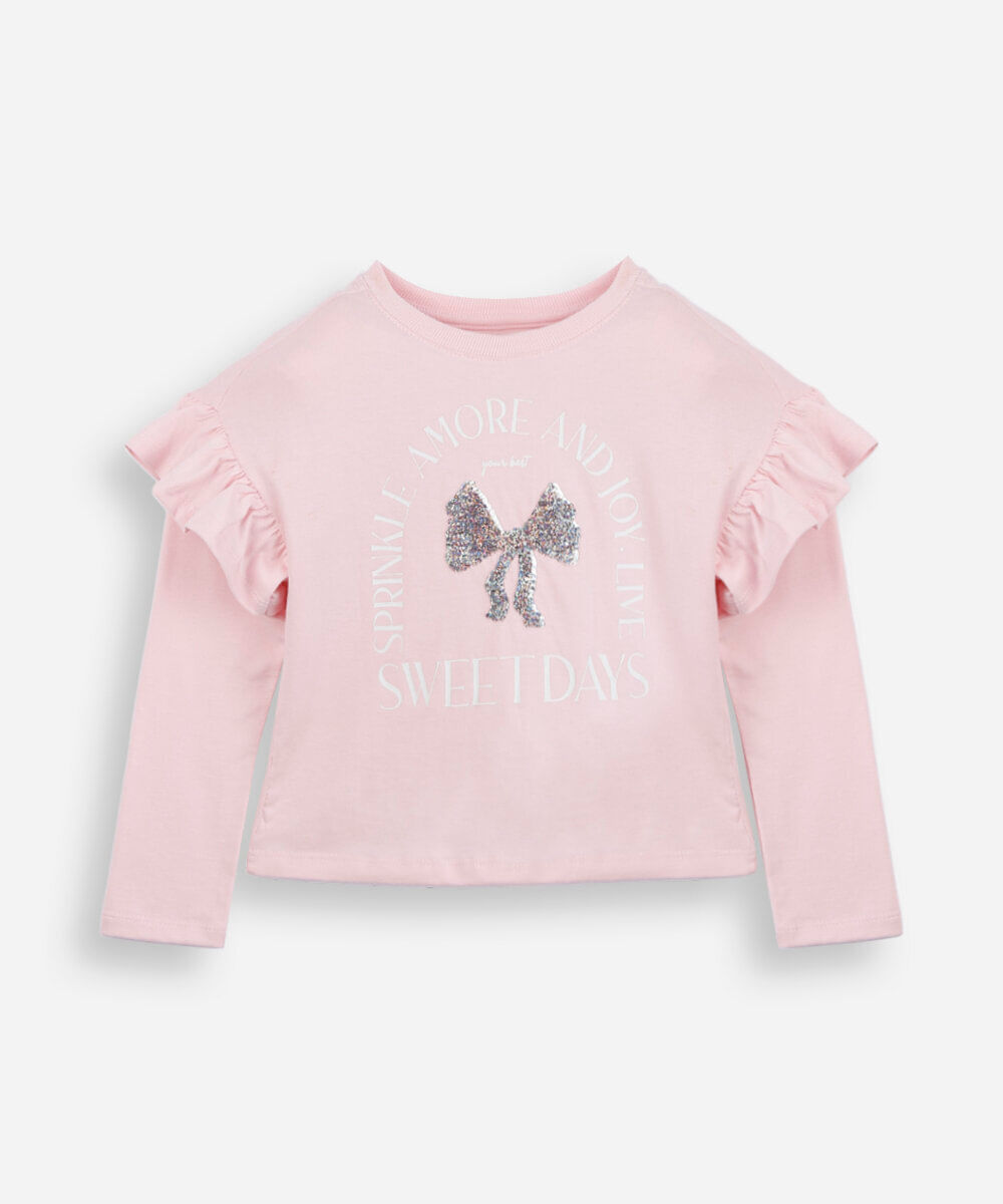 blusa infantil de algodão manga longa com babado estampada rosa